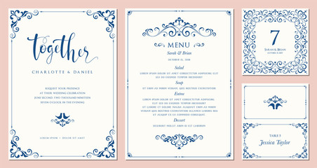 Ornate wedding invitation, table number, menu and place card. Swirl floral templates. 