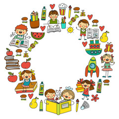 School, kindergarten boys and girls reading books. Imagination. Library. Space, travel, adventure.