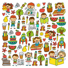 School, kindergarten boys and girls reading books. Imagination. Library. Space, travel, adventure.