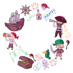 Pirate party for little children. Kindergarten background. Sea and ocean adventures. Ship and pirates, treasure island.