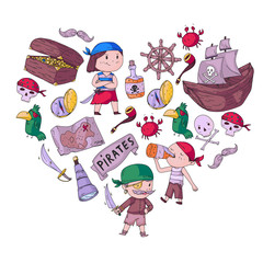 Pirate party for little children. Kindergarten background. Sea and ocean adventures. Ship and pirates, treasure island.