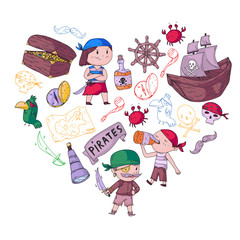 Pirate party for little children. Kindergarten background. Sea and ocean adventures. Ship and pirates, treasure island.
