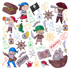 Pirate party for little children. Kindergarten background. Sea and ocean adventures. Ship and pirates, treasure island.