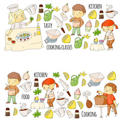 Cooking class banners, courses for little kindergarten children. Kitchenware, kitchen items, utensil. Vector pattern with doodle icons.