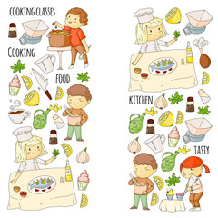 Cooking class banners, courses for little kindergarten children. Kitchenware, kitchen items, utensil. Vector pattern with doodle icons.
