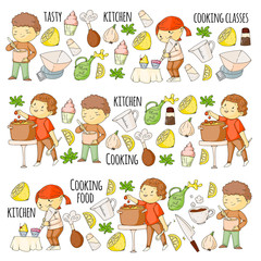 Cooking class banners, courses for little kindergarten children. Kitchenware, kitchen items, utensil. Vector pattern with doodle icons.