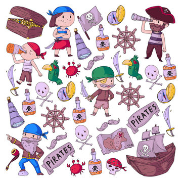 Pirate party for little children. Kindergarten background. Sea and ocean adventures. Ship and pirates, treasure island.