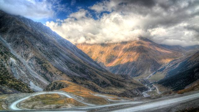 serpentine road to Barskoon pass, river and gorge and Sarymoynak pass, Jeti-Oguz, Kyrgyzstan
