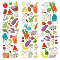 Pattern with healthy food. Cooking class, menu elements for restaurant, cafe. Milk, ice cream, fish, juice, avocado, turkey, carrot, garlic, coffee, tea.