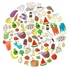 Pattern with healthy food. Cooking class, menu elements for restaurant, cafe. Milk, ice cream, fish, juice, avocado, turkey, carrot, garlic, coffee, tea.