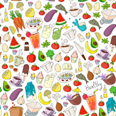 Pattern with healthy food. Cooking class, menu elements for restaurant, cafe. Milk, ice cream, fish, juice, avocado, turkey, carrot, garlic, coffee, tea.