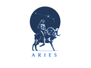 Sign of the zodiac Aries. The girl rides on Ram. Vector emblem.