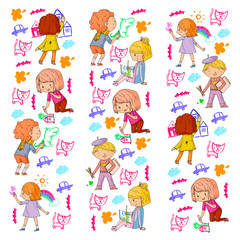 Children painting. School and kindergarten kids creative class. Education, play and grow together. Boys and girls drawing by pen and pencils. Playground.