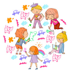 Children painting. School and kindergarten kids creative class. Education, play and grow together. Boys and girls drawing by pen and pencils. Playground.