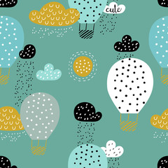 Childish seamless pattern with hot air ballon in the sky. Good for fabric, textile, wrapping. Cute cartoon background. Scandinavian style.