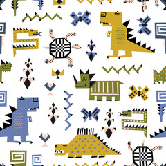 Childish seamless pattern with dinosaurs and tropical plants. Vector texture in childish style great for fabric and textile, wallpapers, backgrounds. Scandinavian style.