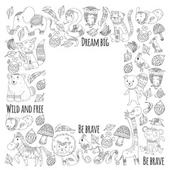 Pattern with cute forest and jungle animals. Fox, tiger, lion, zebra, bear, bird, parrot, snake, squirrel, elephant, monkey, owl. Tribal boho wild and free icons for little kindergarten children
