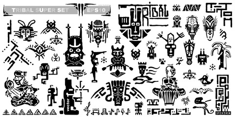 Set of tribal icons and musical notes. Ancient elements and symbols of the Maya. Black and white silhouette hand draws animals and fantastic creatures. Collection of cartoons ethnic style drawing. Vec