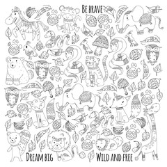 Pattern with cute forest and jungle animals. Fox, tiger, lion, zebra, bear, bird, parrot, snake, squirrel, elephant, monkey, owl. Tribal boho wild and free icons for little kindergarten children