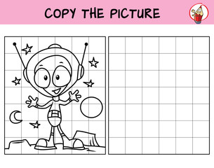 Alien in a spacesuit and helmet. Copy the picture. Coloring book. Educational game for children. Cartoon vector illustration