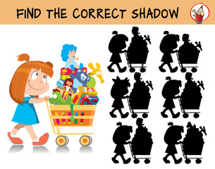 Cute little girl pushes a shopping trolley with purchases. Find the correct shadow. Educational matching game for children. Cartoon vector illustration