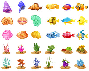 Cartoon Vector game icons with seashell, Colorful coral reef tropical fish, pearl, colorful corals and algae, white background, for match three game, apps on white background. Isolated elements.
