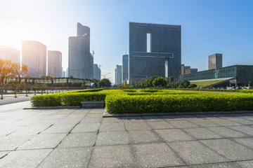 cityscape and skyline in blue sky from empty floor