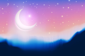 Naklejka na ściany i meble Illustration Ramadan Kareem. Greeting card with big moon, stars, night mountains. Graphic concept for your design