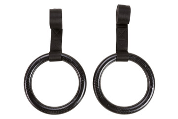 A new set of gymnastic rings is laid out on a white background, two black rings and a fastenin