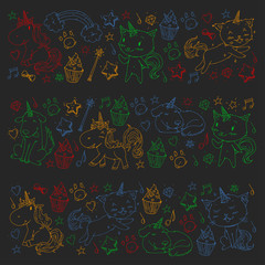 Vector unicorns. Caticorn. Cat, dog, pony with horn and rainbow. Fantasty vector icons. Cute kindergarten pattern for little children. Princess fairy tale.