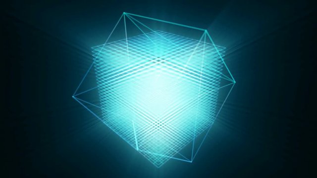 Blue particles cube form rotating with geometric lines on dark background. Seamless loop animation.
