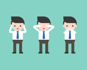 Cute businessman using his hand close ears, eyes, mouth, business situation in flat design