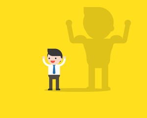 Cute businessman and his shadow with muscle on the wall, business situation growing up concept in flat design