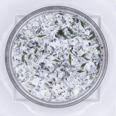 Okroshka - Russian Cold vegetable Soup. on the plate