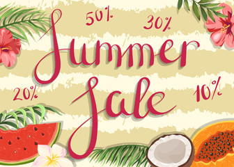 Summer Sale. Banner with tropical fruits and plants