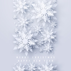 Vector Christmas and new year holidays background with realistic looking paper craft snowflakes. Seasonal wishes Merry Christmas and Happy New Year