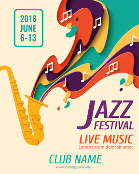 Jazz Festival - music paper cut style poster for jazz festival or night blues retro party with saxophone and notes. Vector paper craft vintage music background