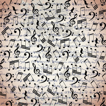 Classical music lettering and notes on white. Seamless background. Vector image.