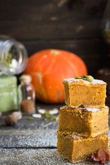 Homemade pumpkin bars with sugar-cinnamon crust
