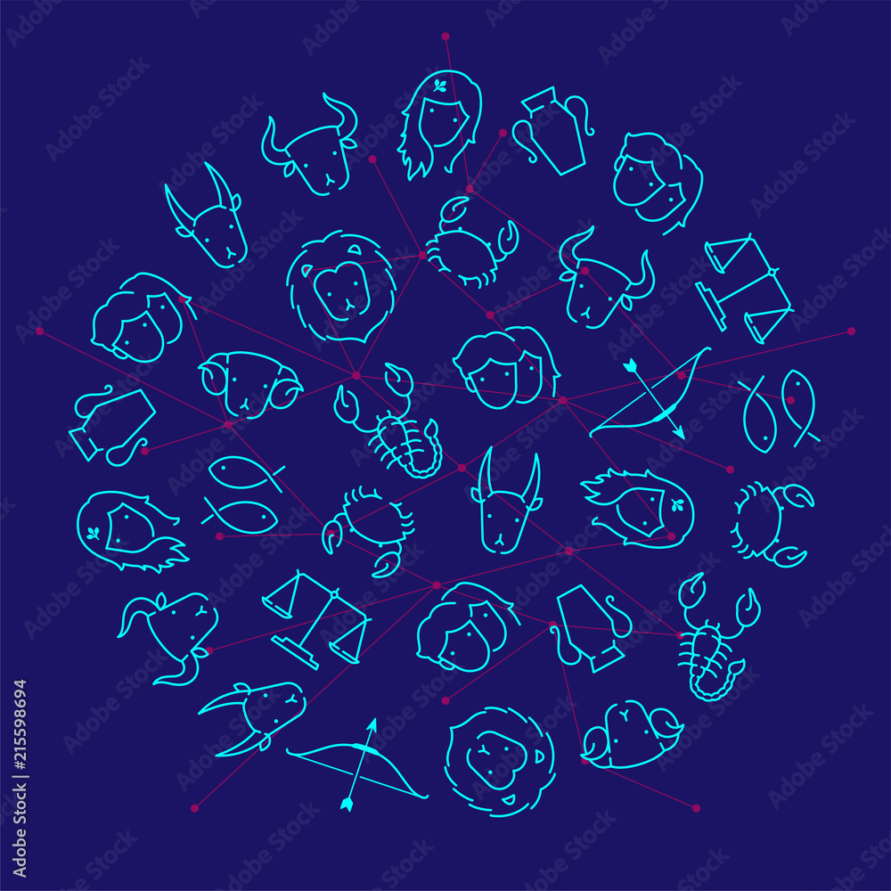 Poster zodiac constellation icon pattern circle shape outline stroke set dash line design illustration isol