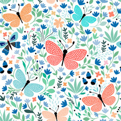 Image of Hand drawn seamless pattern with butterflies and plants printed on Printed Glass Splashbacks