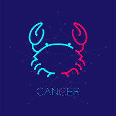 Cancer Zodiac constellation logo icon outline stroke set dash line design illustration isolated on dark blue background with cancer text and copy space