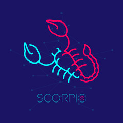 Scorpio Zodiac constellation logo icon outline stroke set dash line design illustration isolated on dark blue background with scorpio text and copy space