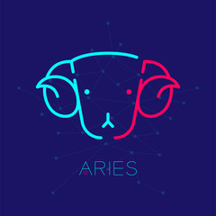 Aries Zodiac constellation logo icon outline stroke set dash line design illustration isolated on dark blue background with aries text and copy space