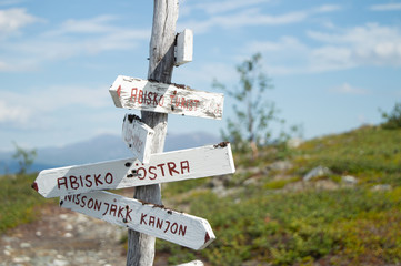 Signpost for hiking trails in northern Sweden