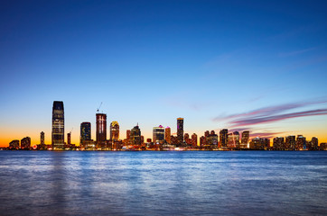 Jersey City skyline at sunset, USA.