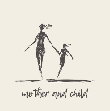 Mother and child running silhouette vector sketch