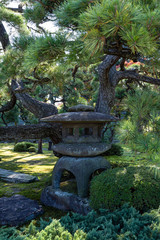 Stone temple in moss green garden, Nijo Castle, Kyoto, Japan