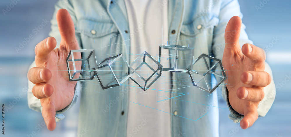 Poster man holding a 3d rendering blockchain cube isolated on a background