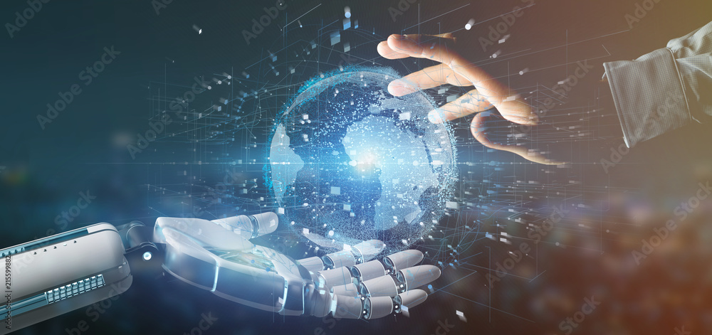 Aufkleber cyborg hand holding a connection around a world globe 3d rendering